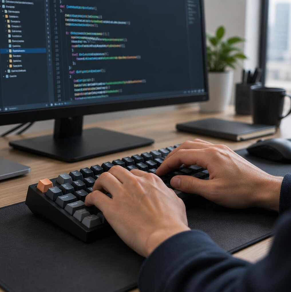 Close-up of hands typing on a keyboard with programming code on screen