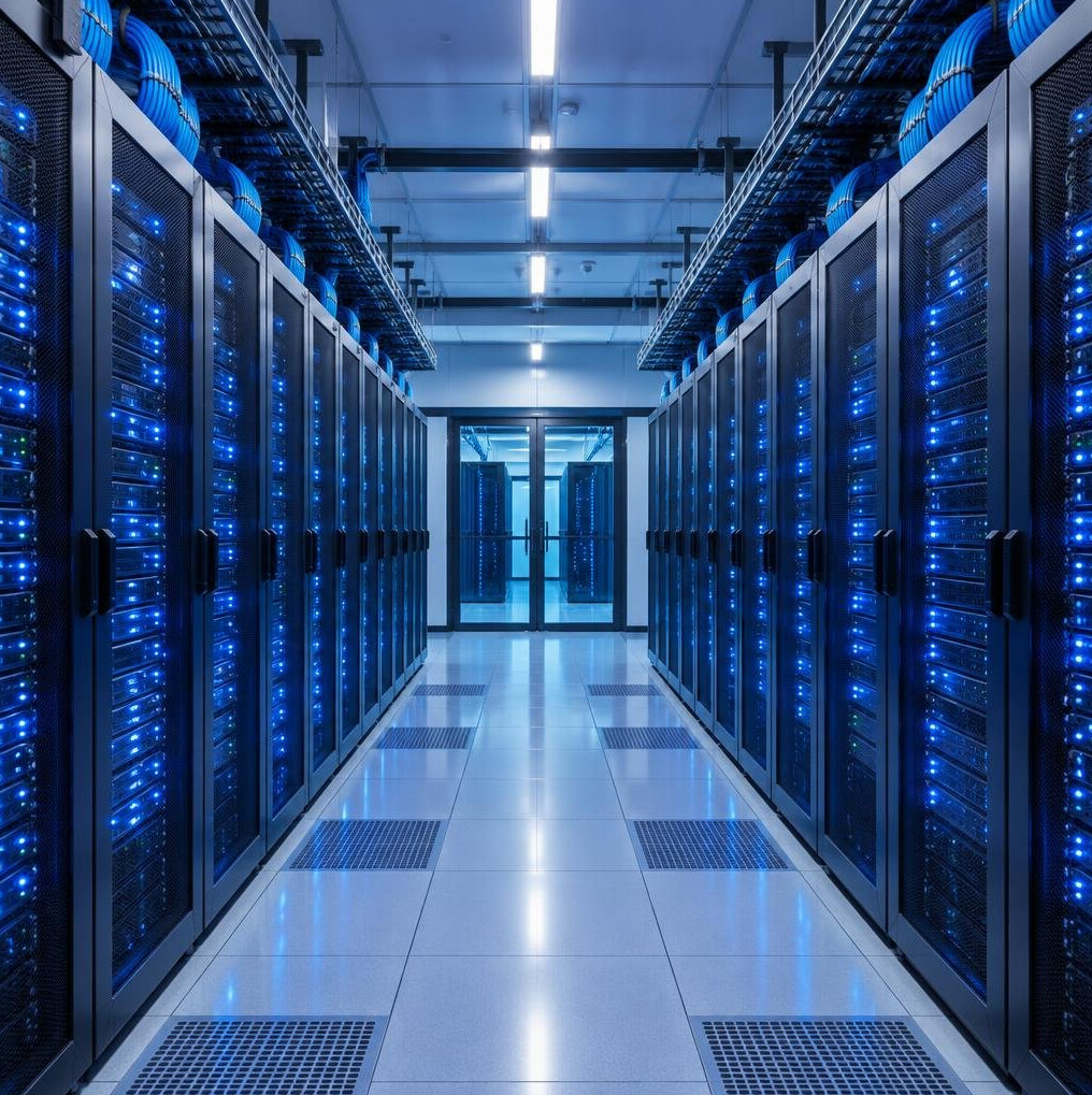Server room with data racks and blue LED lights