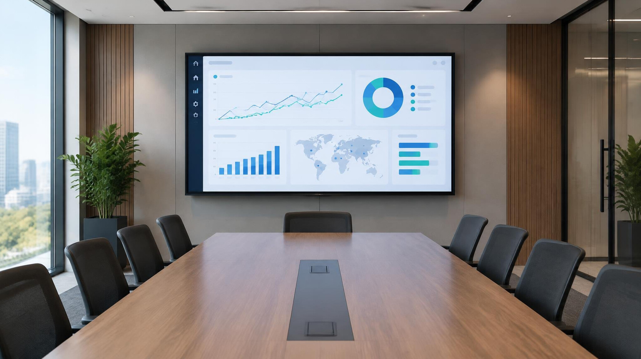 Large screen displaying a business analytics dashboard in an empty modern meeting room