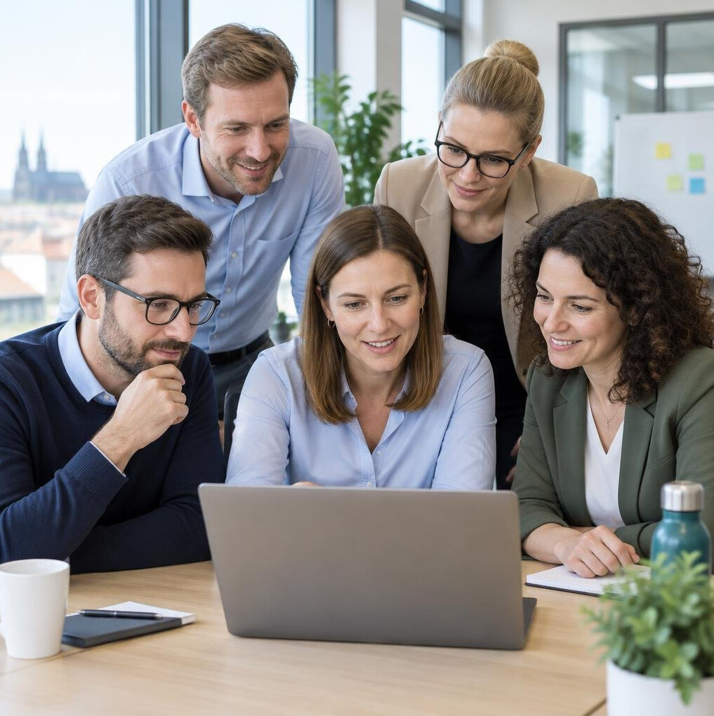 Diverse group of coworkers collaborating around a laptop in a bright office