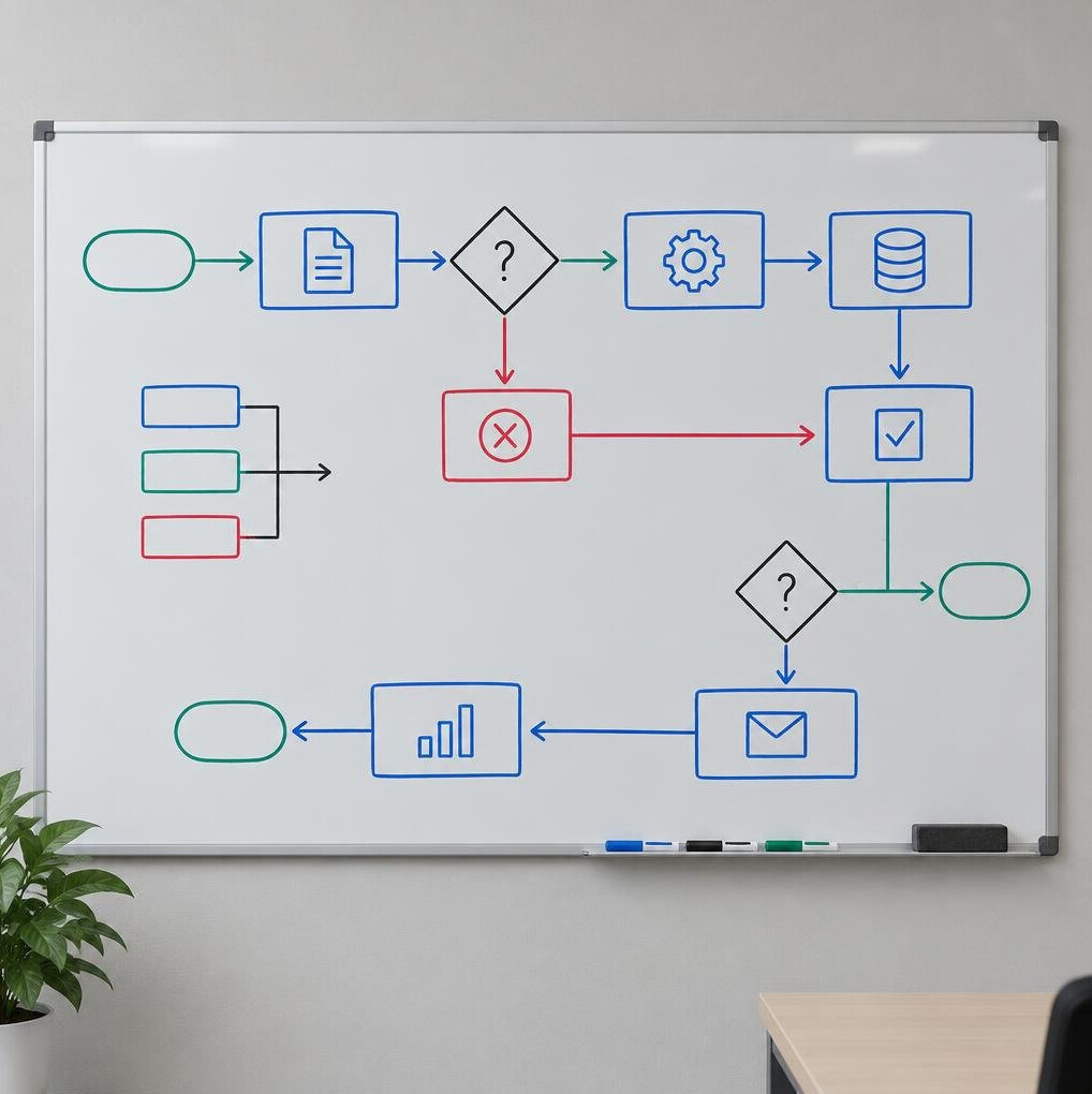 Whiteboard with business process flowchart diagrams on an office wall
