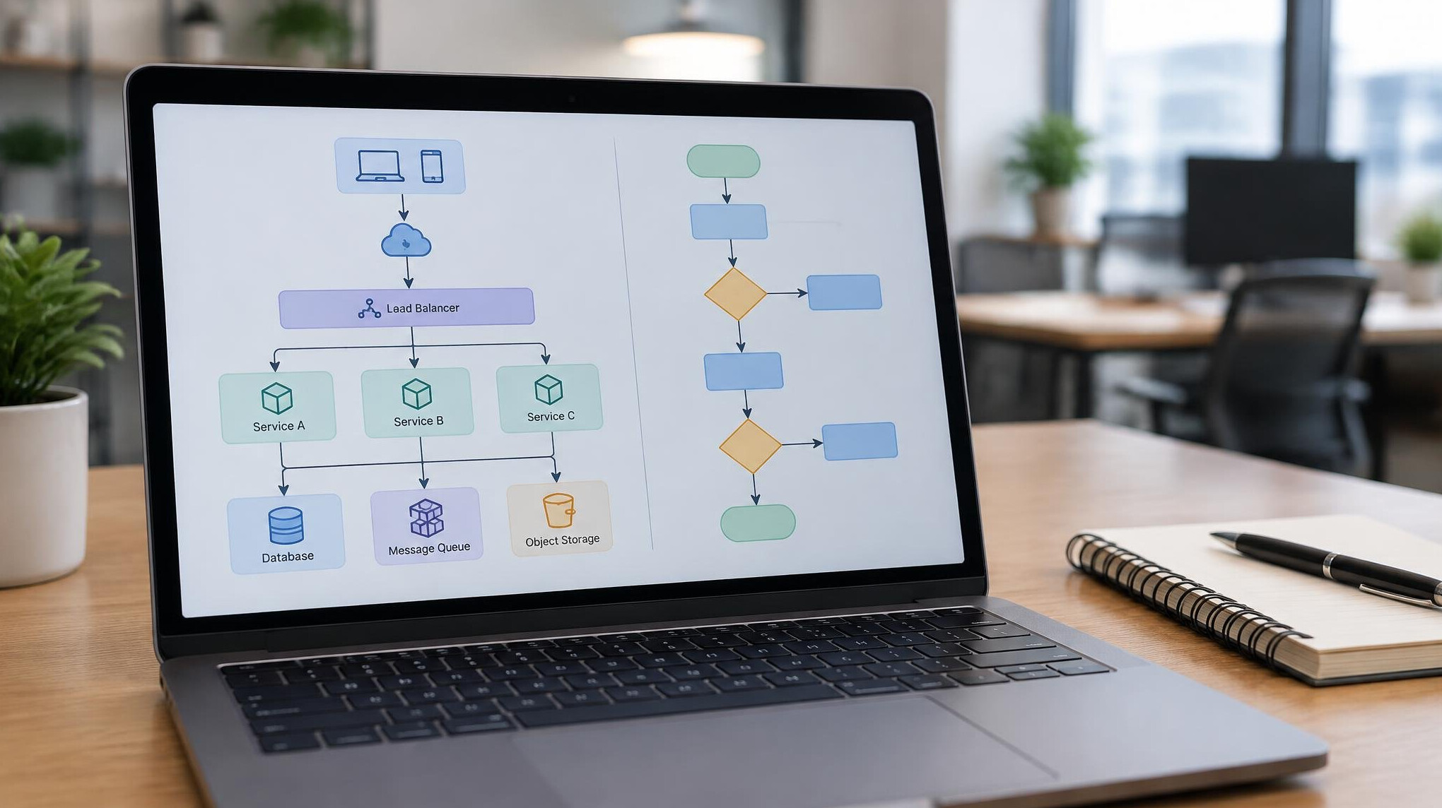 Close-up of a laptop screen displaying a software architecture diagram on an office desk