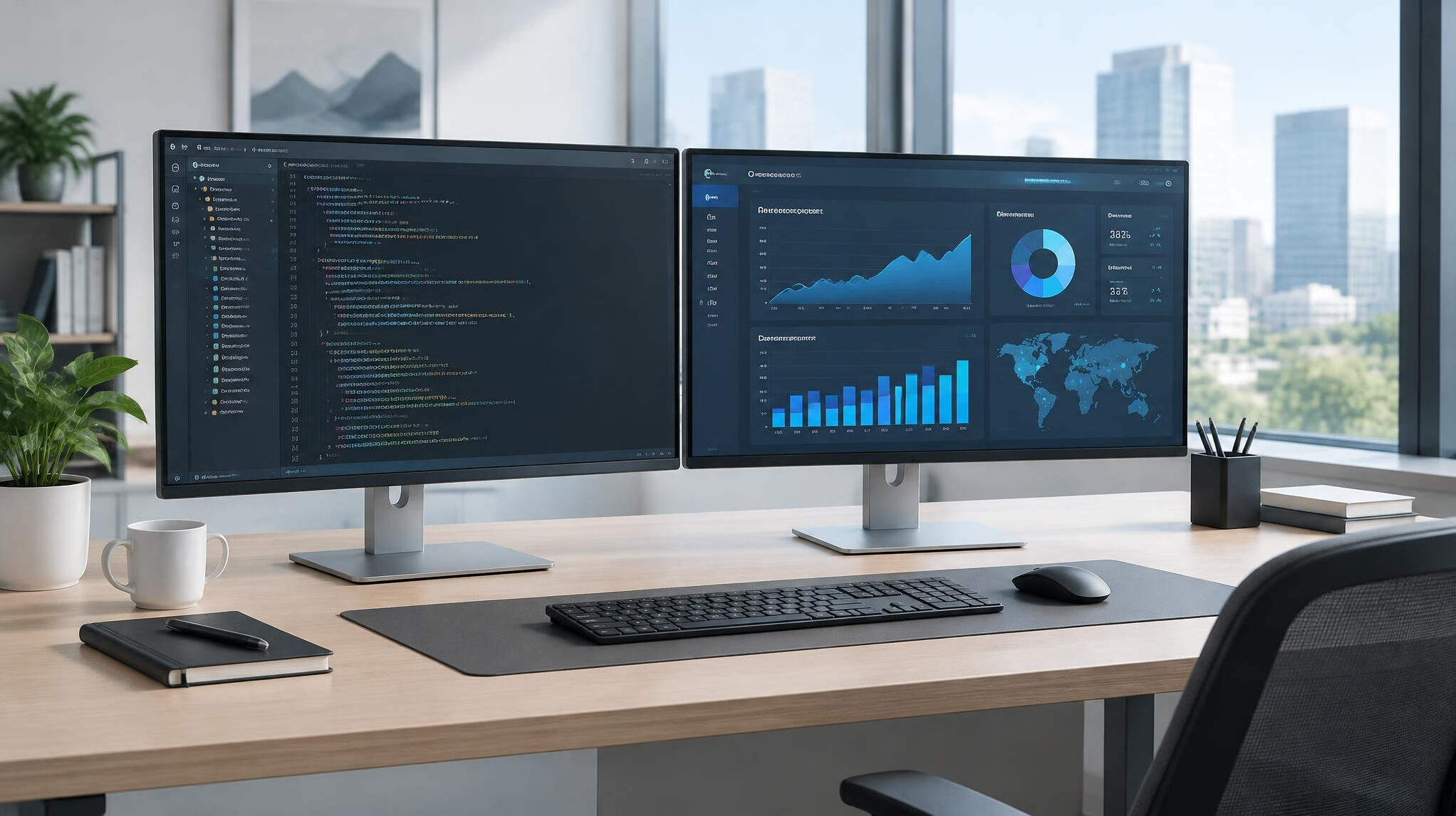 Modern office workspace with multiple monitors showing code and data dashboards
